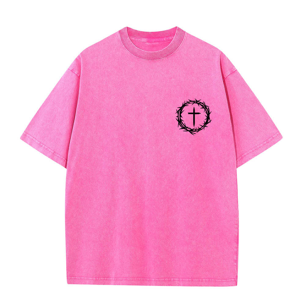 Christianartworkshop Doppelseitiges, gewaschenes T-Shirt mit Dornenkrone-Kreuz-Buchstabenprint - image 11