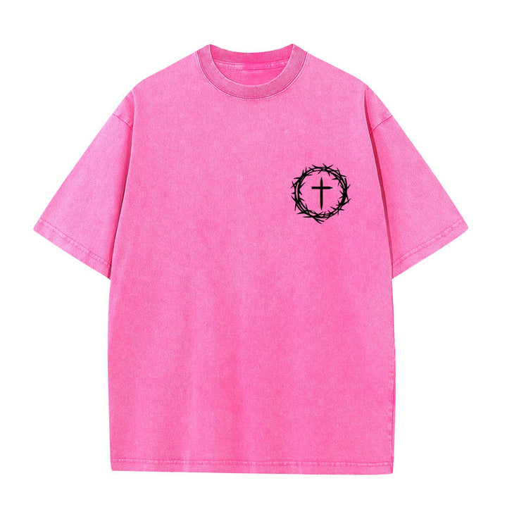 Christianartworkshop Doppelseitiges, gewaschenes T-Shirt mit Dornenkrone-Kreuz-Buchstabenprint - image 11