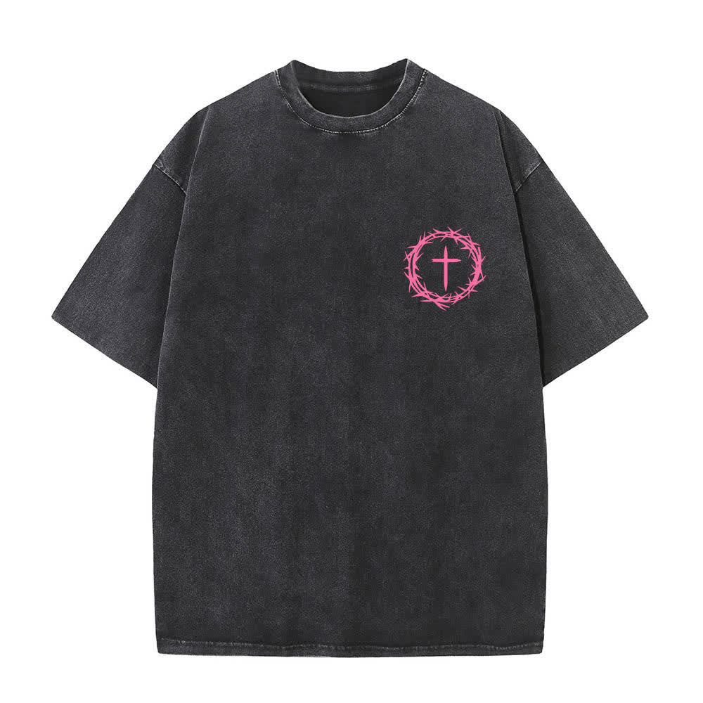 Christianartworkshop Doppelseitiges, gewaschenes T-Shirt mit Dornenkrone-Kreuz-Buchstabenprint - image 2