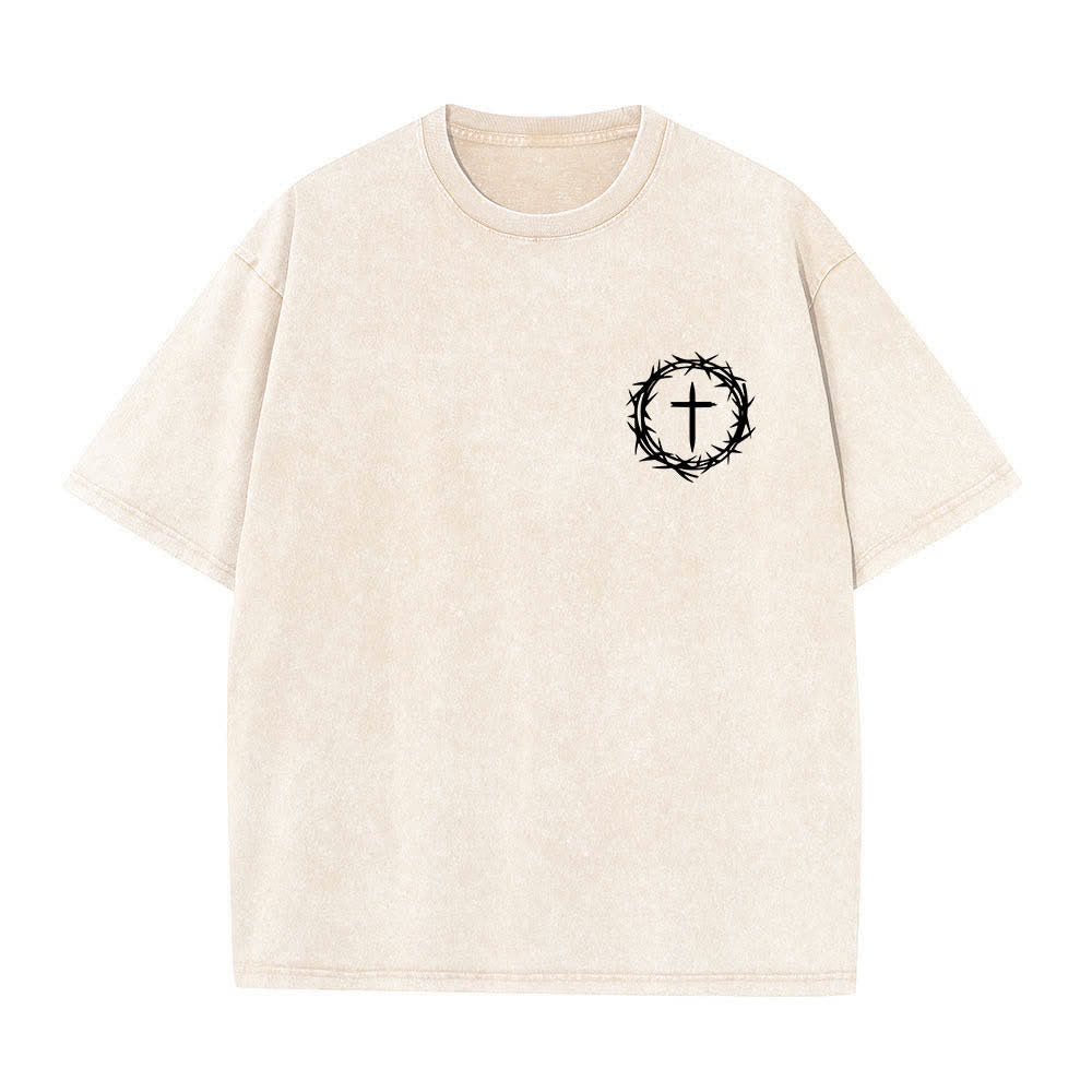 Christianartworkshop Doppelseitiges, gewaschenes T-Shirt mit Dornenkrone-Kreuz-Buchstabenprint - image 5