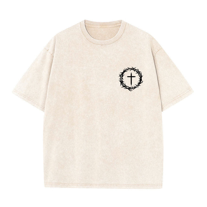 Christianartworkshop Doppelseitiges, gewaschenes T-Shirt mit Dornenkrone-Kreuz-Buchstabenprint - image 5