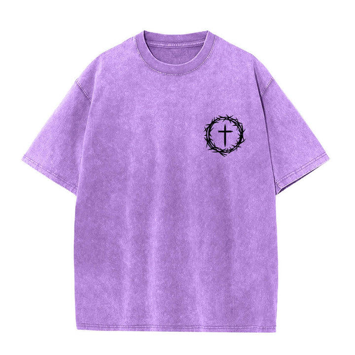 Christianartworkshop Doppelseitiges, gewaschenes T-Shirt mit Dornenkrone-Kreuz-Buchstabenprint - image 8