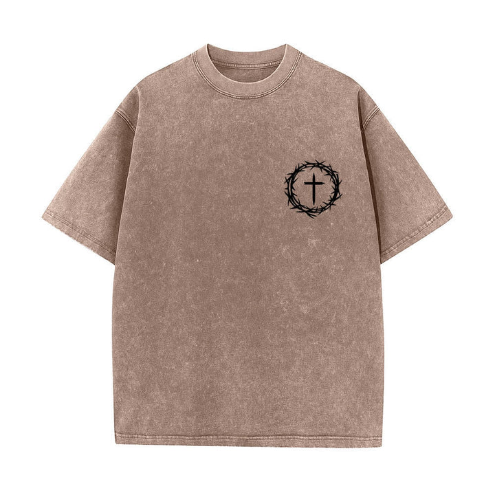 Christianartworkshop Doppelseitiges, gewaschenes T-Shirt mit Dornenkrone-Kreuz-Buchstabenprint - image 20