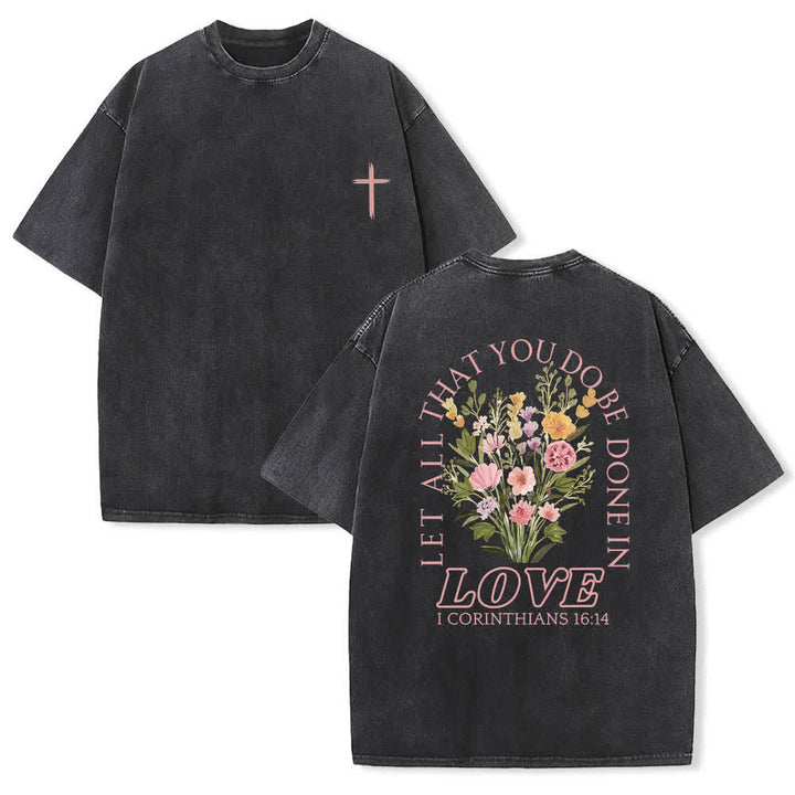 Christianartworkshop Doppelseitiges, gewaschenes T-Shirt mit floralem Kreuz-Buchstabenprint und dem Aufdruck „Alles, was du tust, soll in Liebe geschehen“. - Schwarz - 5XL - image 3