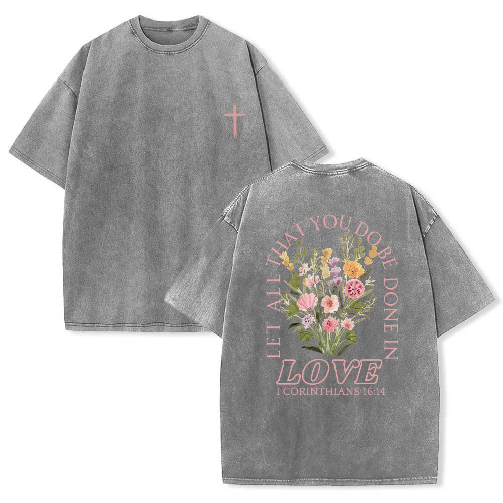 Christianartworkshop Doppelseitiges, gewaschenes T-Shirt mit floralem Kreuz-Buchstabenprint und dem Aufdruck „Alles, was du tust, soll in Liebe geschehen“. - Grau - 5XL - image 24
