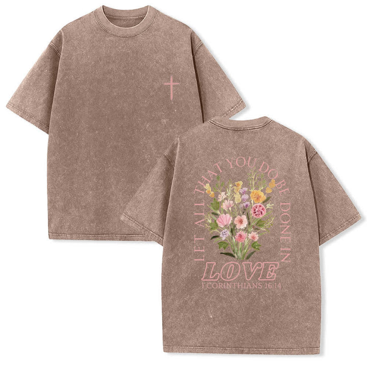 Christianartworkshop Doppelseitiges, gewaschenes T-Shirt mit floralem Kreuz-Buchstabenprint und dem Aufdruck „Alles, was du tust, soll in Liebe geschehen“. - Braun - 5XL - image 21