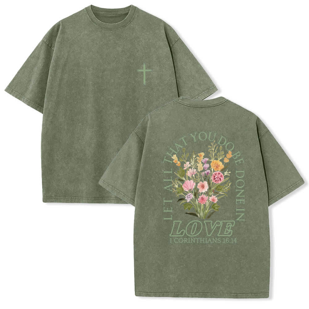 Christianartworkshop Doppelseitiges, gewaschenes T-Shirt mit floralem Kreuz-Buchstabenprint und dem Aufdruck „Alles, was du tust, soll in Liebe geschehen“. - Armeegrün - 5XL - image 15