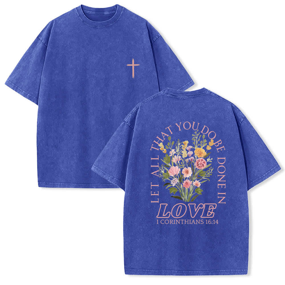 Christianartworkshop Doppelseitiges, gewaschenes T-Shirt mit floralem Kreuz-Buchstabenprint und dem Aufdruck „Alles, was du tust, soll in Liebe geschehen“. - Blau - 5XL - image 18