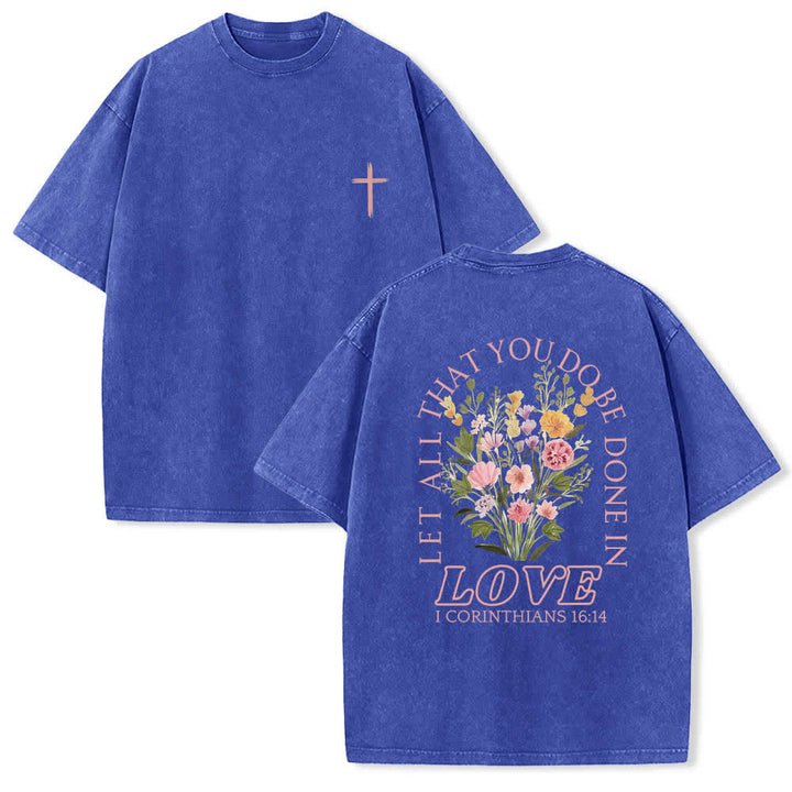 Christianartworkshop Doppelseitiges, gewaschenes T-Shirt mit floralem Kreuz-Buchstabenprint und dem Aufdruck „Alles, was du tust, soll in Liebe geschehen“. - Blau - 5XL - image 18