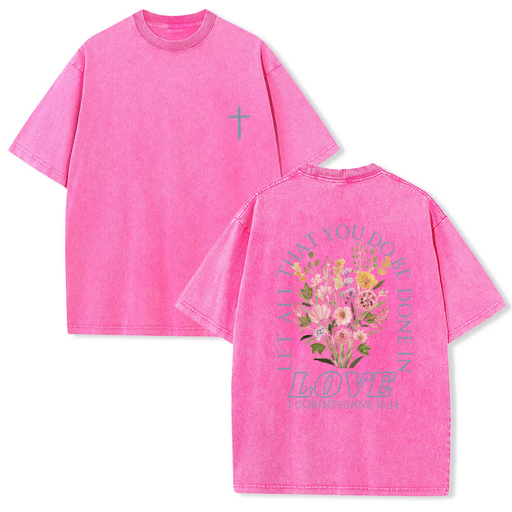 Christianartworkshop Doppelseitiges, gewaschenes T-Shirt mit floralem Kreuz-Buchstabenprint und dem Aufdruck „Alles, was du tust, soll in Liebe geschehen“. - Rosa - 5XL - image 12