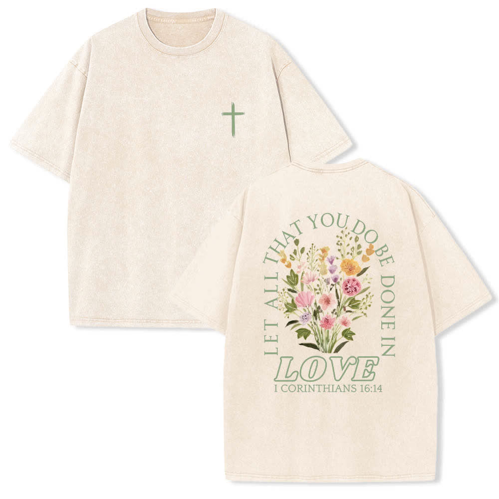 Christianartworkshop Doppelseitiges, gewaschenes T-Shirt mit floralem Kreuz-Buchstabenprint und dem Aufdruck „Alles, was du tust, soll in Liebe geschehen“. - Beige - 5XL - image 6
