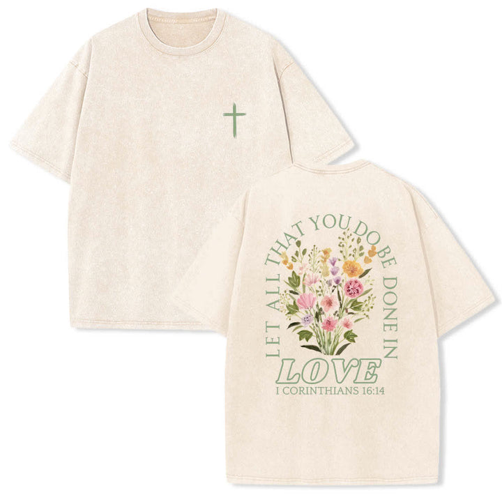 Christianartworkshop Doppelseitiges, gewaschenes T-Shirt mit floralem Kreuz-Buchstabenprint und dem Aufdruck „Alles, was du tust, soll in Liebe geschehen“. - Beige - 5XL - image 6