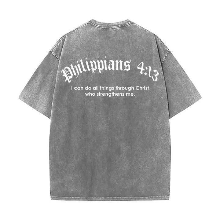 Christianartworkshop Doppelseitig bedrucktes T-Shirt mit Kreuz-Schriftzeichen aus Philipper 4,13 - image 1