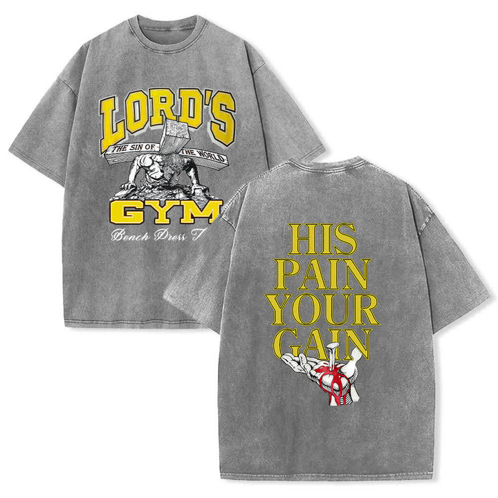 Christianartworkshop Lord's Gym T-Shirt mit doppelseitigem, grafischem Buchstabenprint „His Pain Your Gain“ – gewaschen - Grau - 5XL - image 3