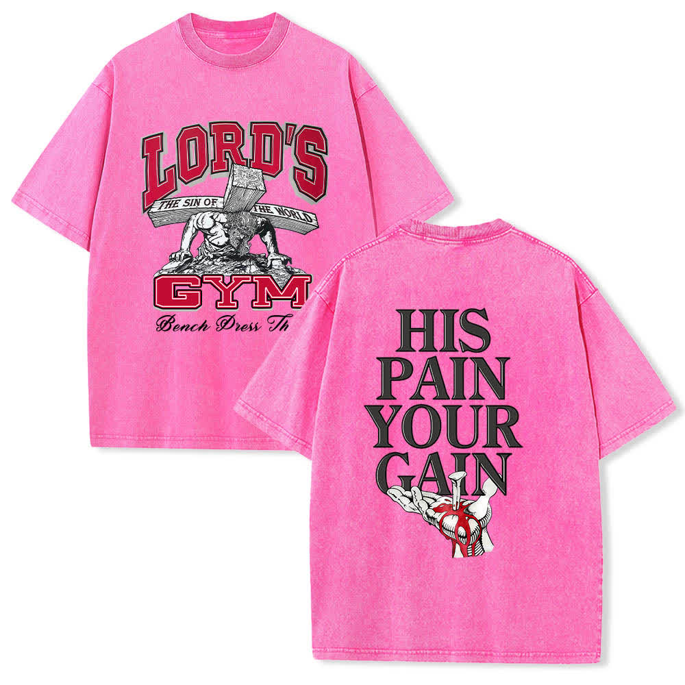 Christianartworkshop Lord's Gym T-Shirt mit doppelseitigem, grafischem Buchstabenprint „His Pain Your Gain“ – gewaschen - Rosa - 5XL - image 18