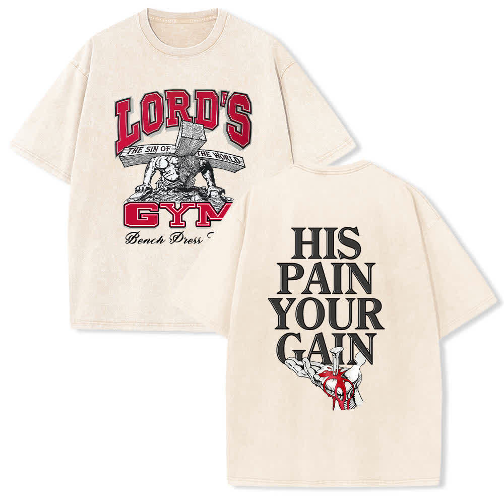 Christianartworkshop Lord's Gym T-Shirt mit doppelseitigem, grafischem Buchstabenprint „His Pain Your Gain“ – gewaschen - Beige - 5XL - image 12