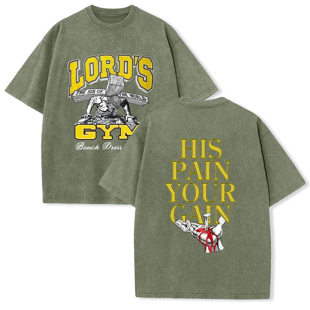 Christianartworkshop Lord's Gym T-Shirt mit doppelseitigem, grafischem Buchstabenprint „His Pain Your Gain“ – gewaschen - Armeegrün - 5XL - image 21