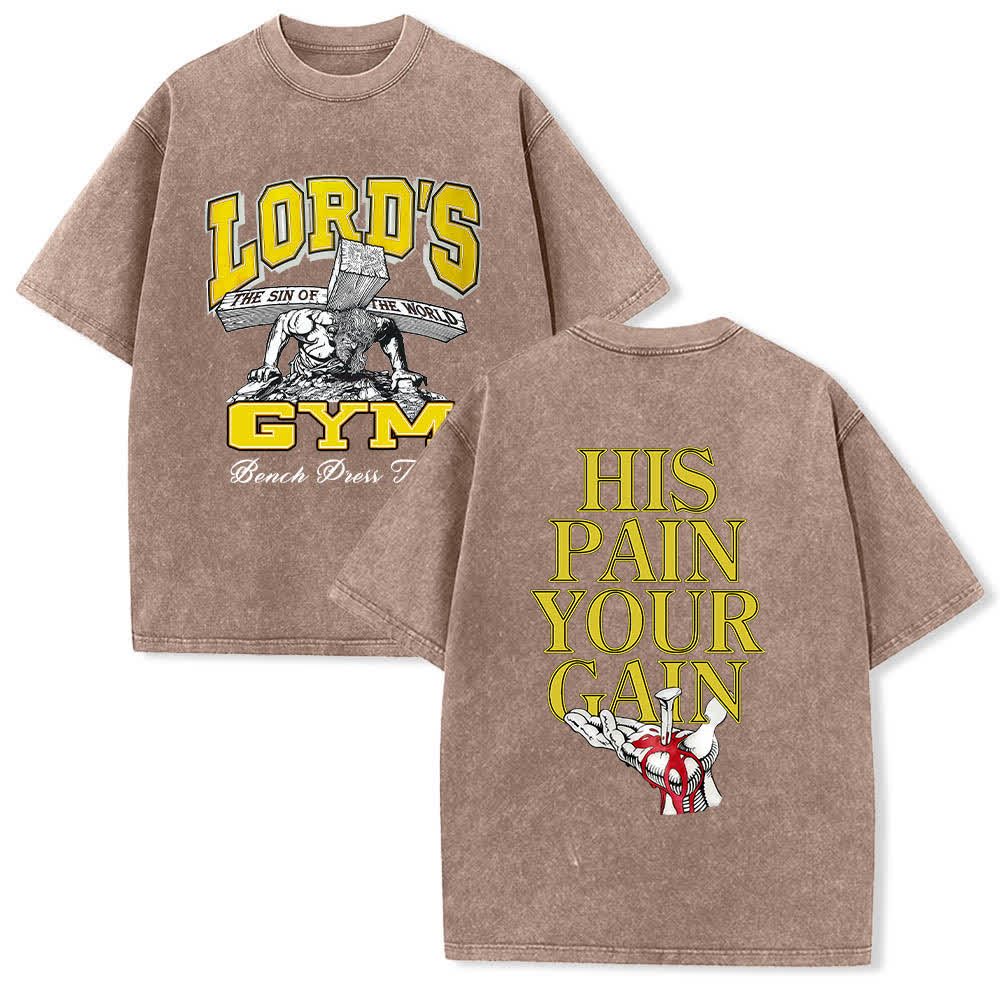 Christianartworkshop Lord's Gym T-Shirt mit doppelseitigem, grafischem Buchstabenprint „His Pain Your Gain“ – gewaschen - Braun - 5XL - image 0