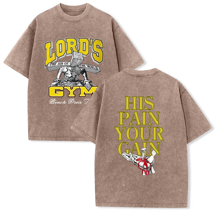 Christianartworkshop Lord's Gym T-Shirt mit doppelseitigem, grafischem Buchstabenprint „His Pain Your Gain“ – gewaschen - Braun - 5XL - image 0
