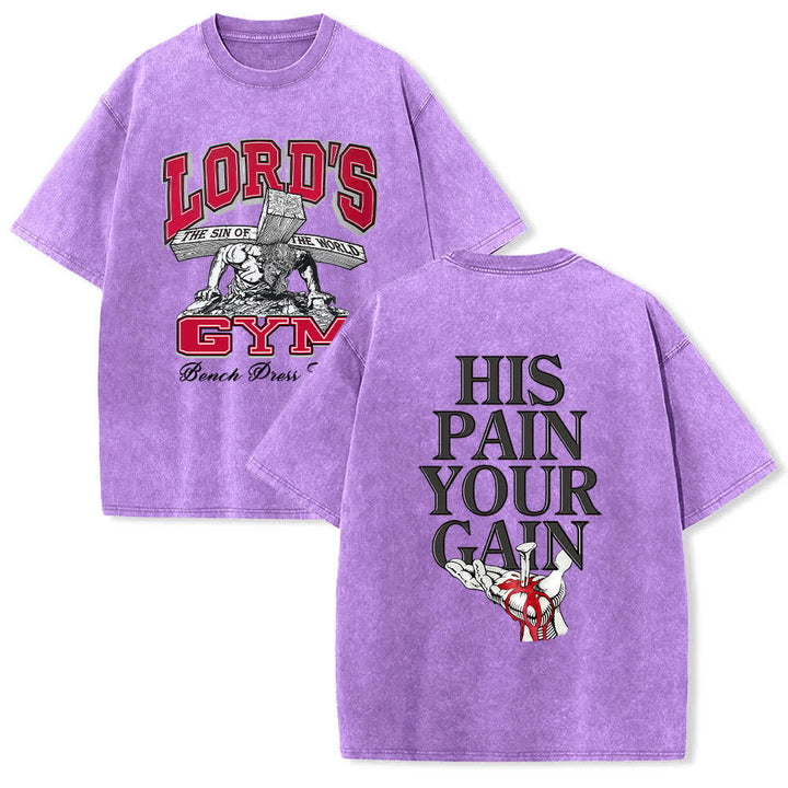 Christianartworkshop Lord's Gym T-Shirt mit doppelseitigem, grafischem Buchstabenprint „His Pain Your Gain“ – gewaschen - Lila - 5XL - image 15