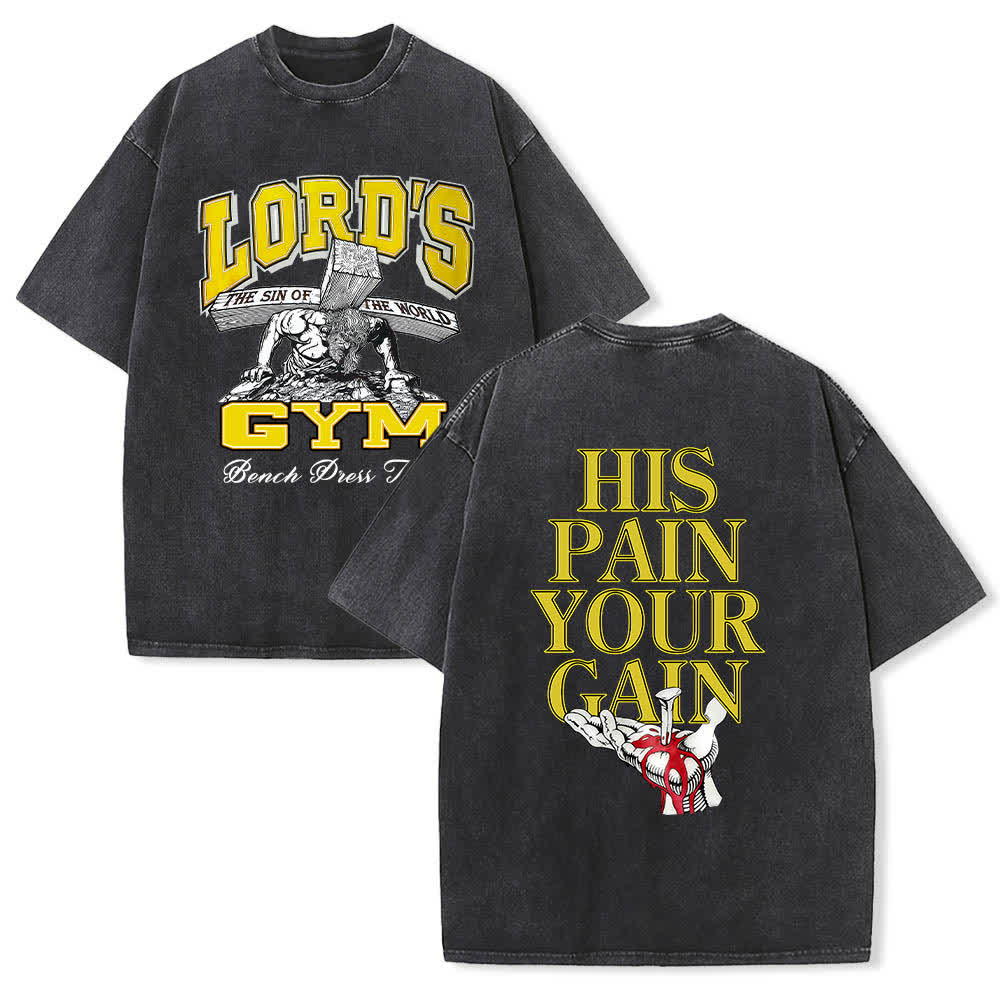 Christianartworkshop Lord's Gym T-Shirt mit doppelseitigem, grafischem Buchstabenprint „His Pain Your Gain“ – gewaschen - Schwarz - 5XL - image 9