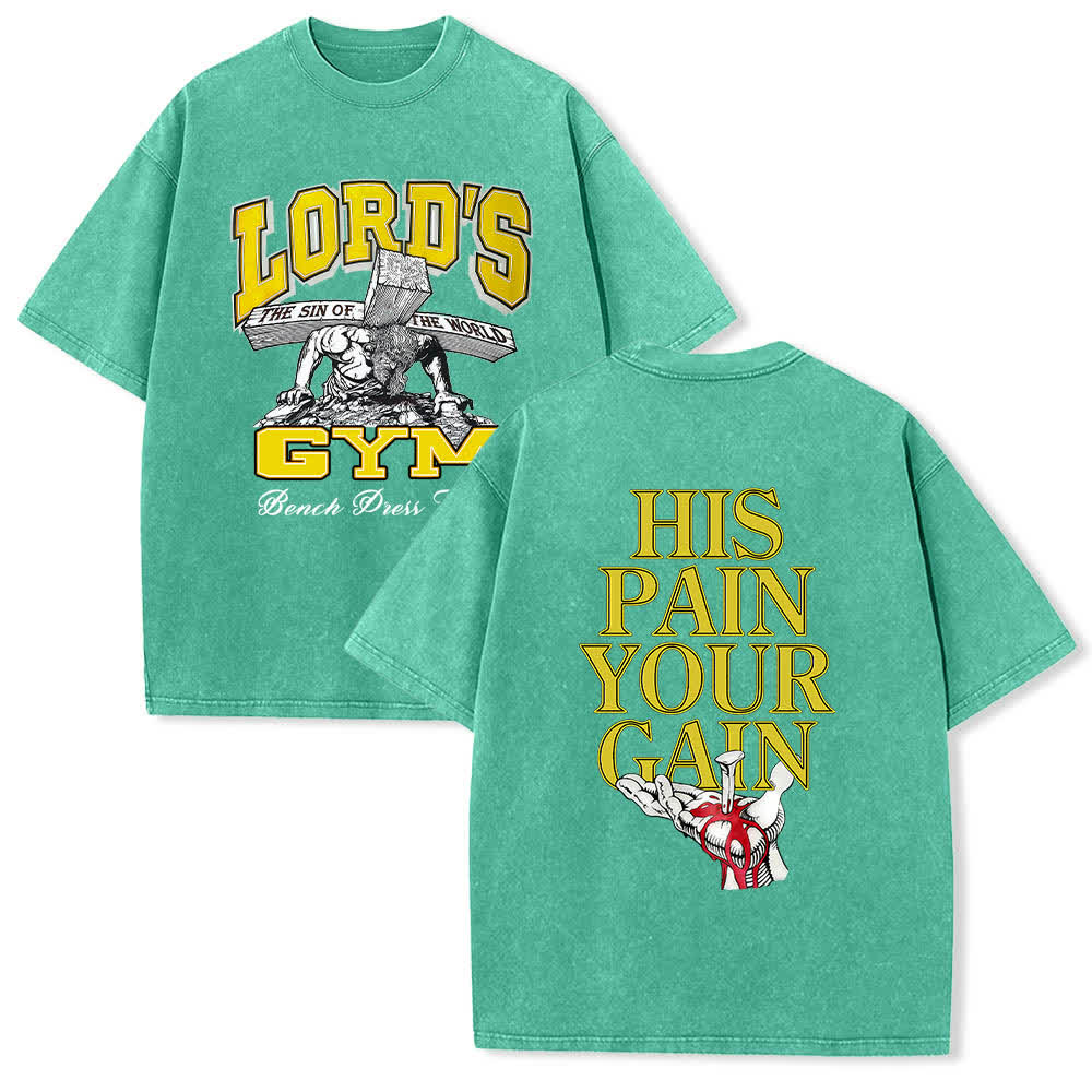 Christianartworkshop Lord's Gym T-Shirt mit doppelseitigem, grafischem Buchstabenprint „His Pain Your Gain“ – gewaschen - Grün - 5XL - image 6