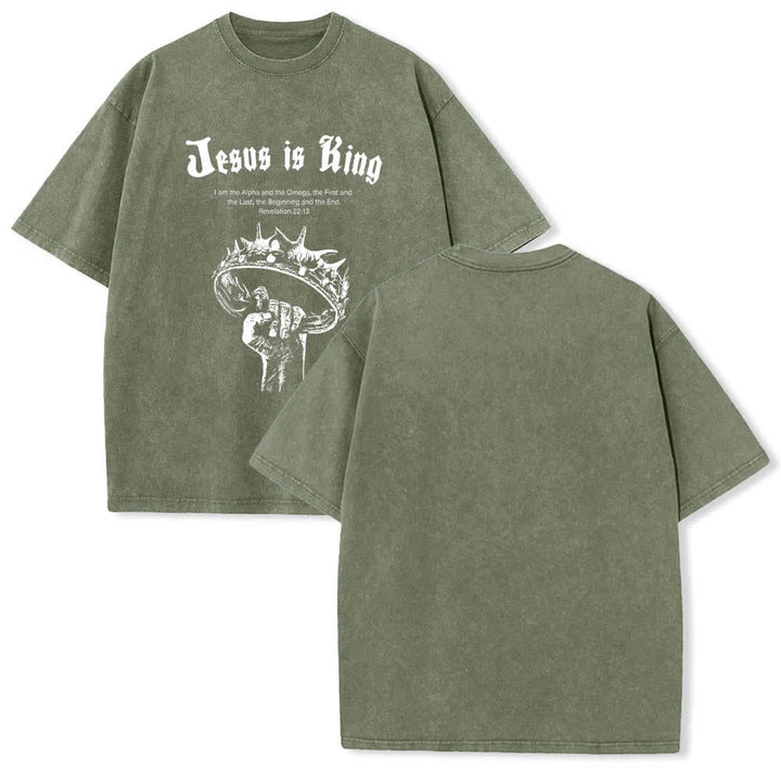 Christianartworkshop Doppelseitig bedrucktes T-Shirt mit dem Schriftzug „Jesus ist König – Dornenkrone“ - Armeegrün - 5XL - image 24