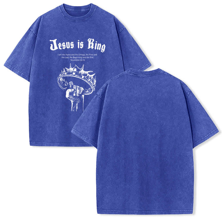 Christianartworkshop Doppelseitig bedrucktes T-Shirt mit dem Schriftzug „Jesus ist König – Dornenkrone“ - Blau - 5XL - image 0