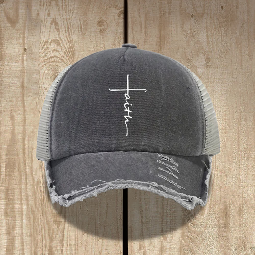 Christianartworkshop Distressed Faith Cross Cursive Letter Print Hat - Grau - image 1