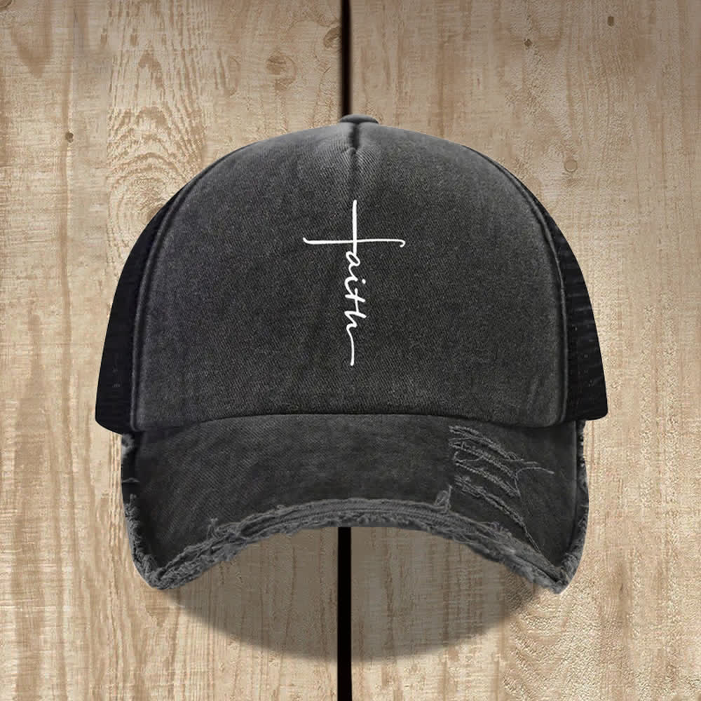 Christianartworkshop Distressed Faith Cross Cursive Letter Print Hat - Schwarz - image 0