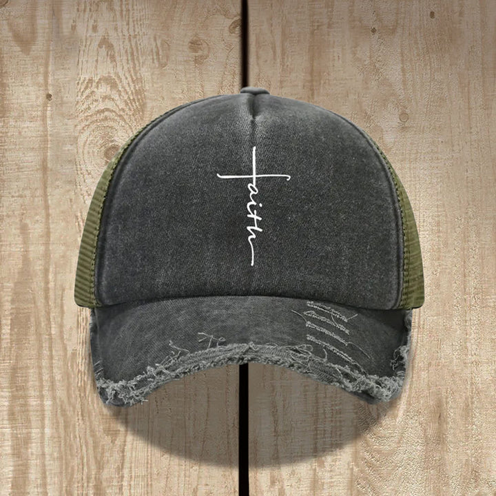 Christianartworkshop Distressed Faith Cross Cursive Letter Print Hat - Armeegrün - image 3