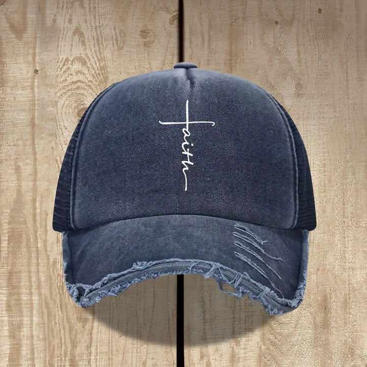 Christianartworkshop Distressed Faith Cross Cursive Letter Print Hat - Marineblau - image 6