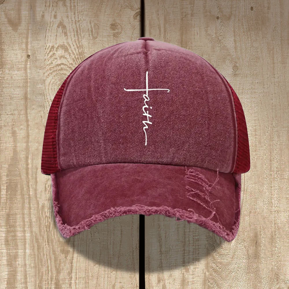 Christianartworkshop Distressed Faith Cross Cursive Letter Print Hat - Wein - image 2