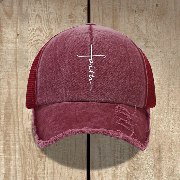 Christianartworkshop Distressed Faith Cross Cursive Letter Print Hat - Wein - image 2