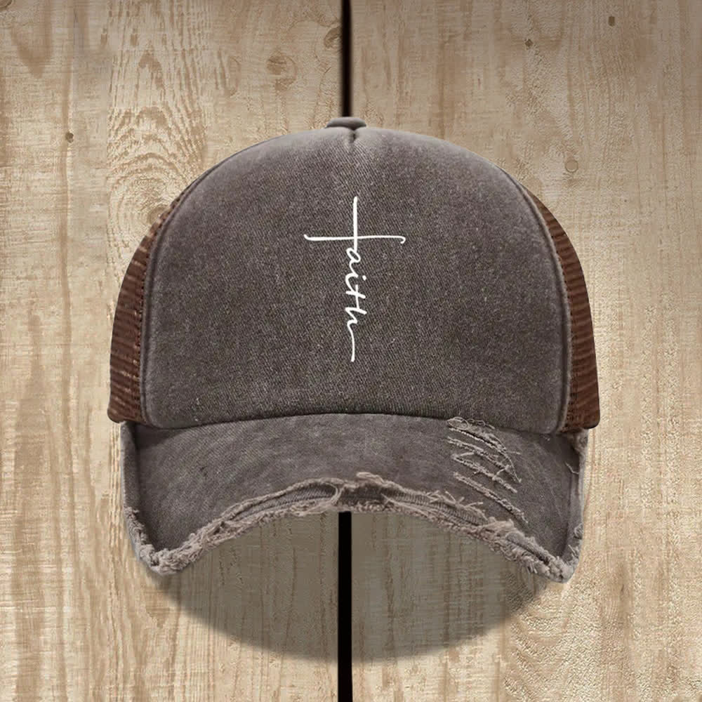 Christianartworkshop Distressed Faith Cross Cursive Letter Print Hat - Kaffee - image 4