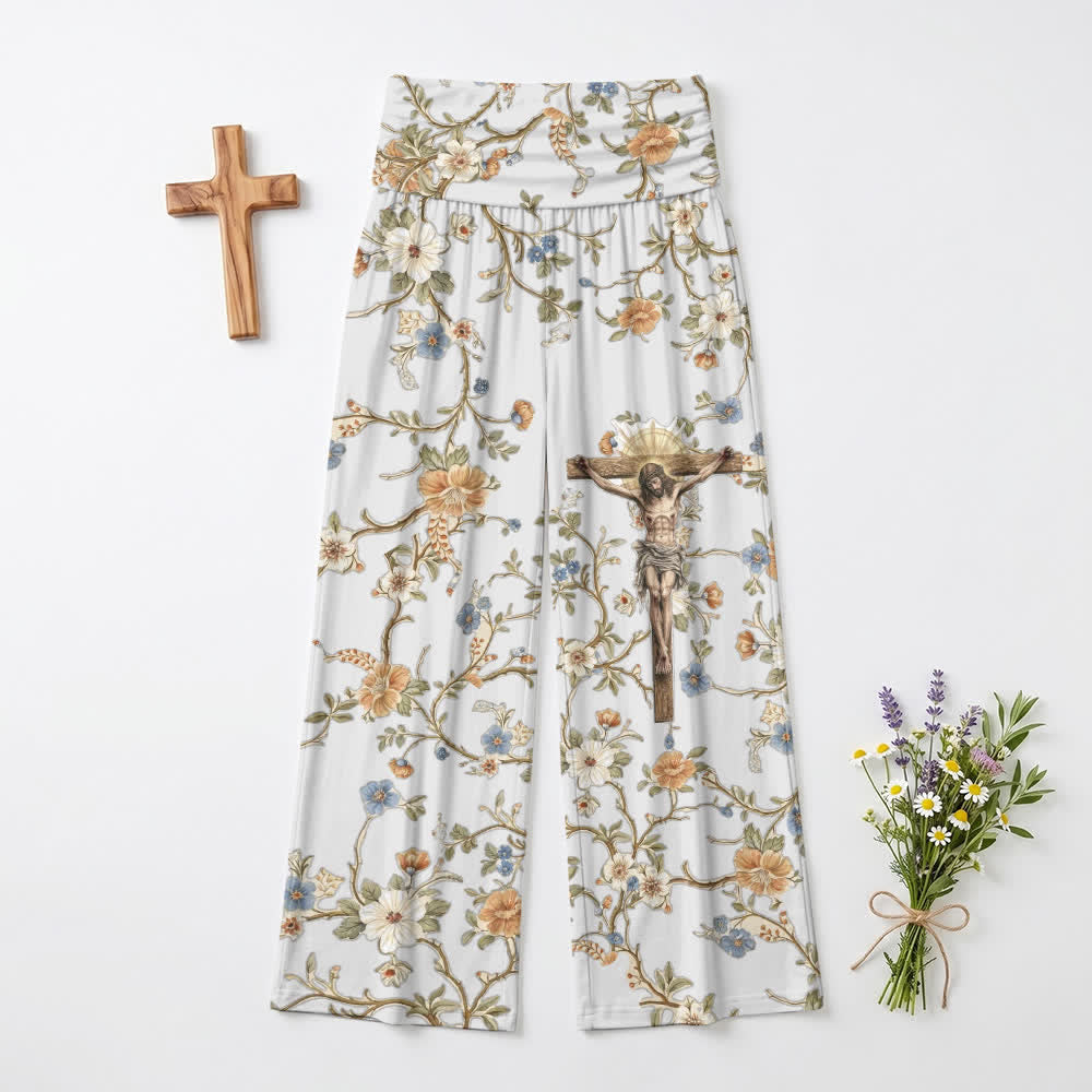 Christianartworkshop Weite Hose mit hohem Bund, umgeschlagenem Gummizug, Kreuzmotiv, Vintage-Blumenranken-Design und lässigem christlichem Stil. - US22, UK/AU26, EU54 (6XL) - image 0