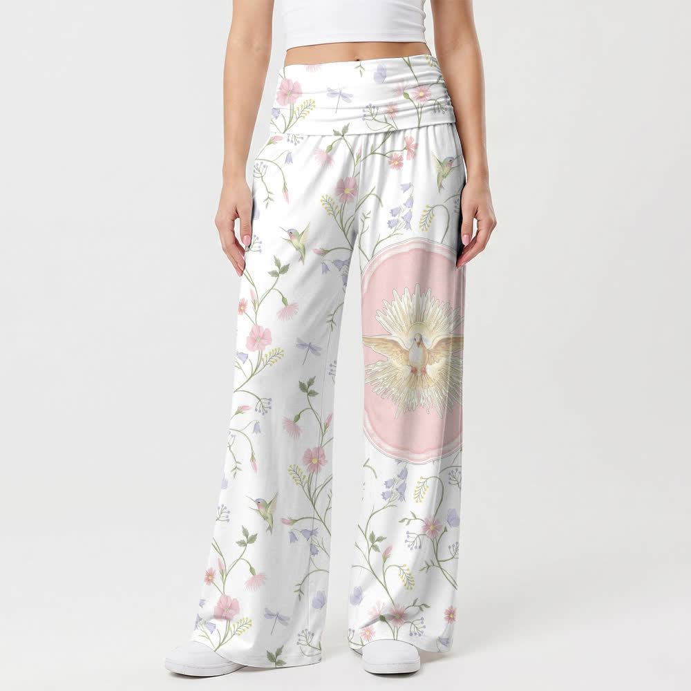 Christianartworkshop Elastische, hochgeschnittene, lässige Damenhose mit weitem Bein und Motiven von Holy Dove, Hummingbird und floralen Ranken. - image 1