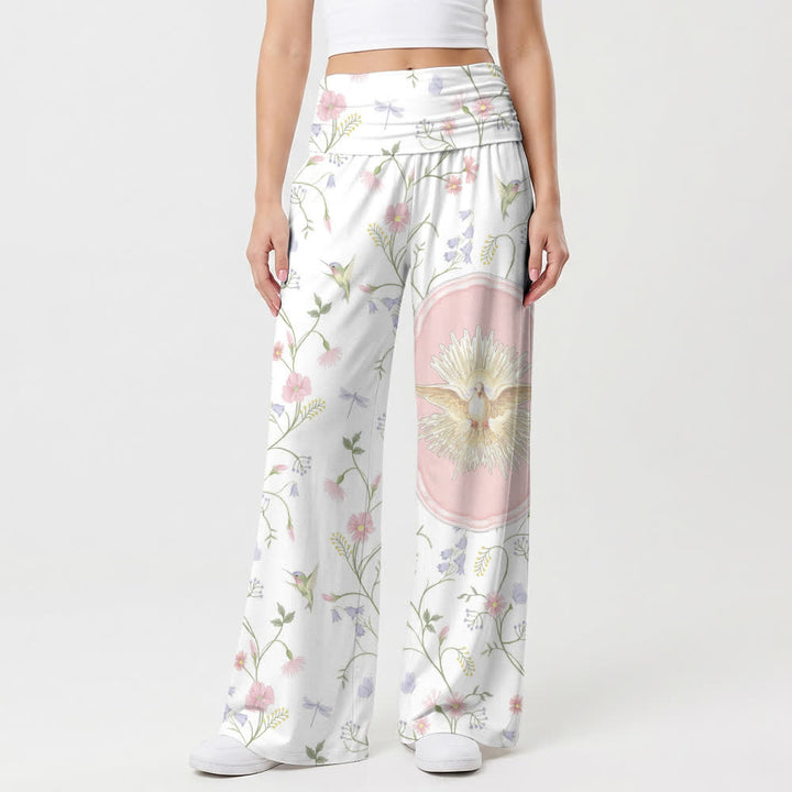 Christianartworkshop Elastische, hochgeschnittene, lässige Damenhose mit weitem Bein und Motiven von Holy Dove, Hummingbird und floralen Ranken. - image 1