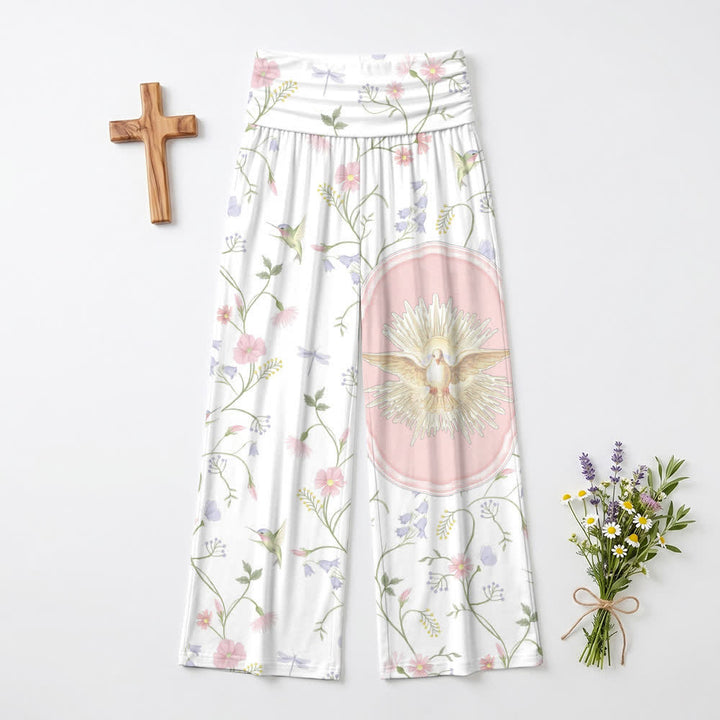 Christianartworkshop Elastische, hochgeschnittene, lässige Damenhose mit weitem Bein und Motiven von Holy Dove, Hummingbird und floralen Ranken. - US22, UK/AU26, EU54 (6XL) - image 0