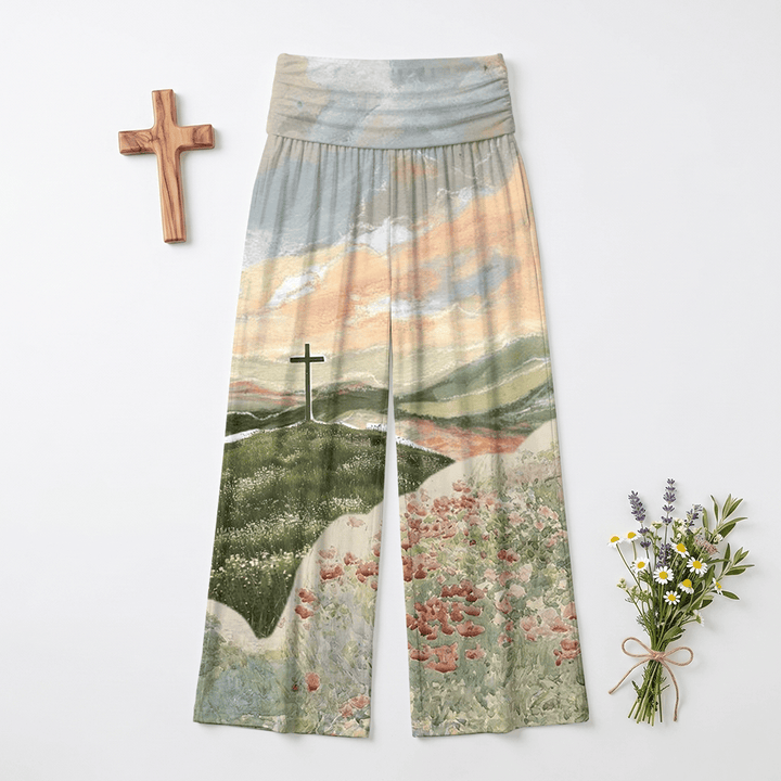 Christianartworkshop Pastorales Hügelkreuz, Sonnenuntergang, Mohnblume, Ölgemälde, lässige Damenhose mit weitem Bein - US22, UK/AU26, EU54 (6XL) - image 0