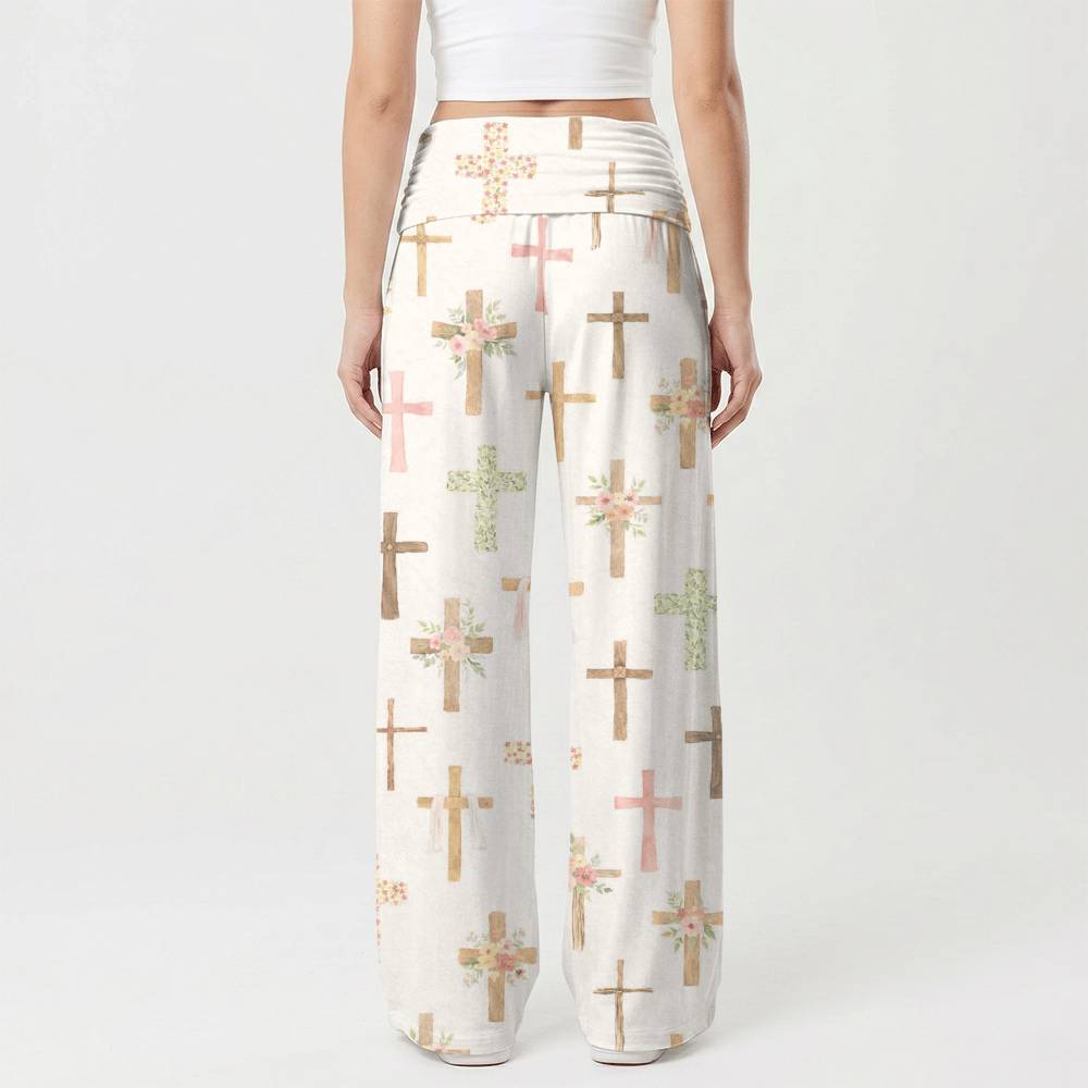 Christianartworkshop Lässige Damenhose mit weitem Bein und Aquarell-Blumenkreuz-Allover-Print von Faith – perfekt für Damen. - image 2