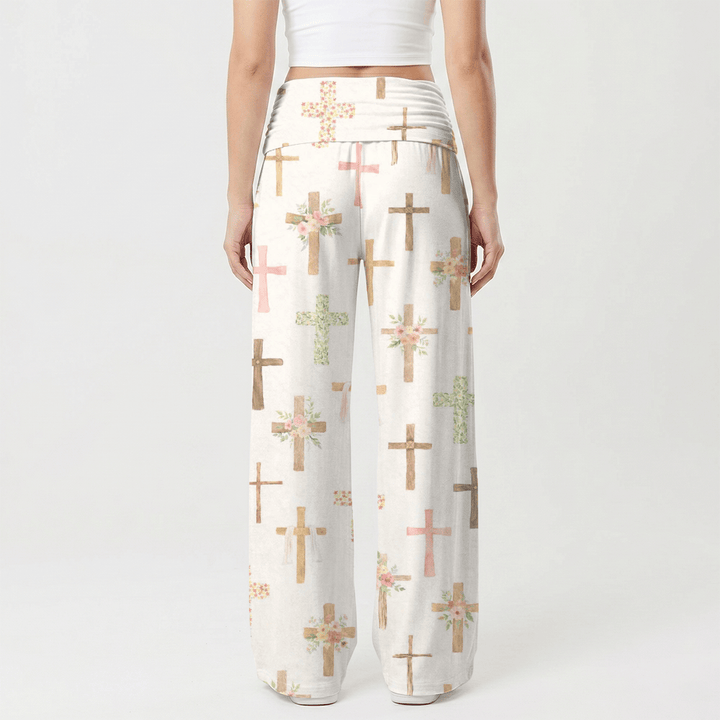 Christianartworkshop Lässige Damenhose mit weitem Bein und Aquarell-Blumenkreuz-Allover-Print von Faith – perfekt für Damen. - image 2