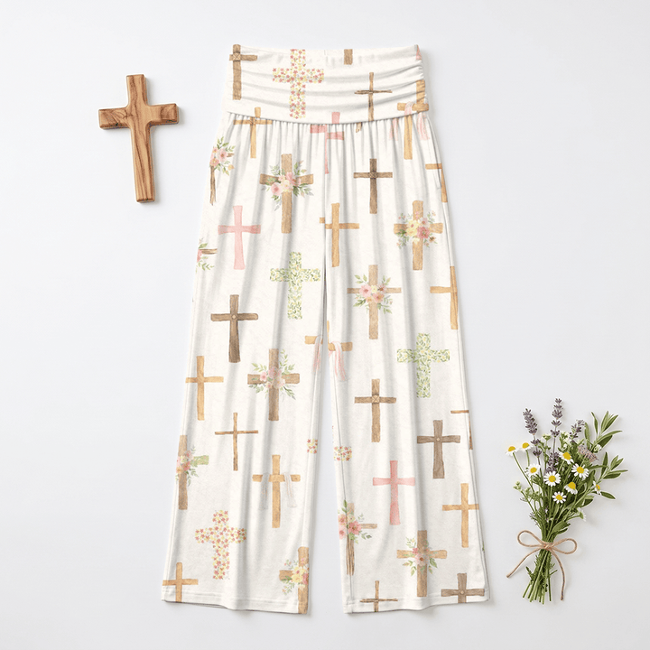 Christianartworkshop Lässige Damenhose mit weitem Bein und Aquarell-Blumenkreuz-Allover-Print von Faith – perfekt für Damen. - US22, UK/AU26, EU54 (6XL) - image 0