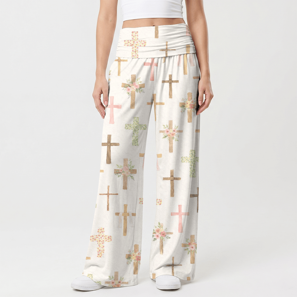 Christianartworkshop Lässige Damenhose mit weitem Bein und Aquarell-Blumenkreuz-Allover-Print von Faith – perfekt für Damen. - image 1