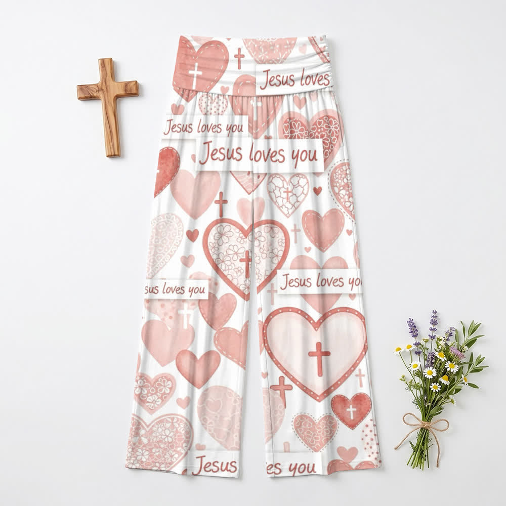 Christianartworkshop Pinkfarbene Damenhose mit weitem Bein und dem Schriftzug „Jesus liebt dich“ mit Herz- und Kreuzmotiv. - US22, UK/AU26, EU54 (6XL) - image 0