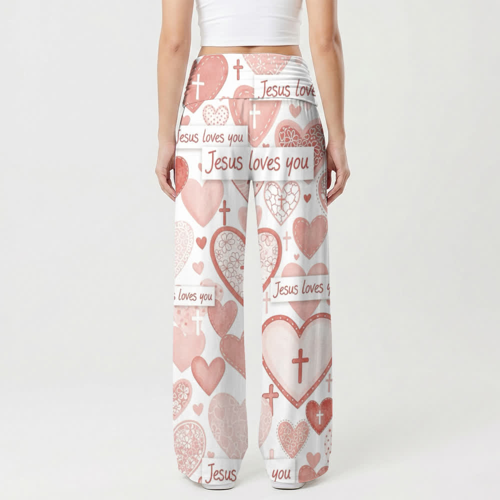 Christianartworkshop Pinkfarbene Damenhose mit weitem Bein und dem Schriftzug „Jesus liebt dich“ mit Herz- und Kreuzmotiv. - image 2