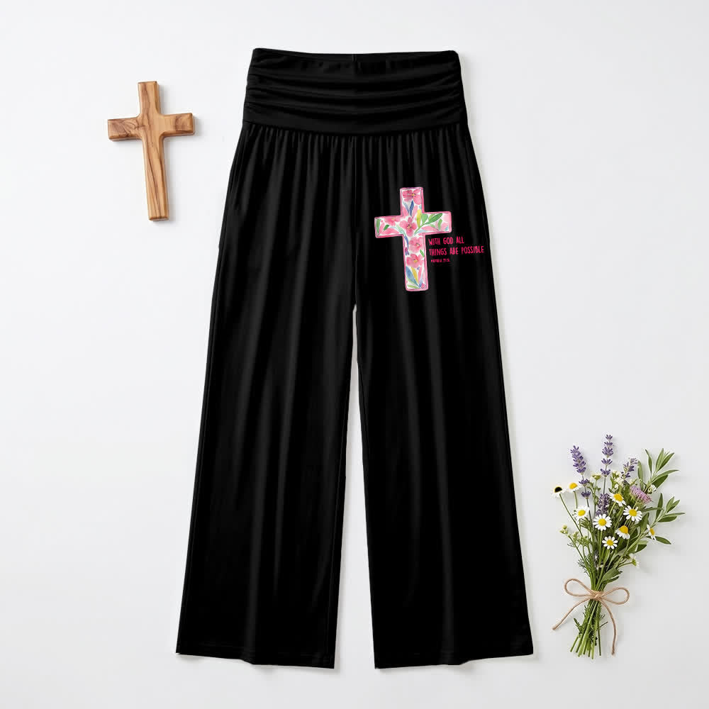 Christianartworkshop Aquarell-Blumenkreuz-Bibeltext-Freizeithose für Damen mit weitem Bein - Schwarz - US22, UK/AU26, EU54 (6XL) - image 0