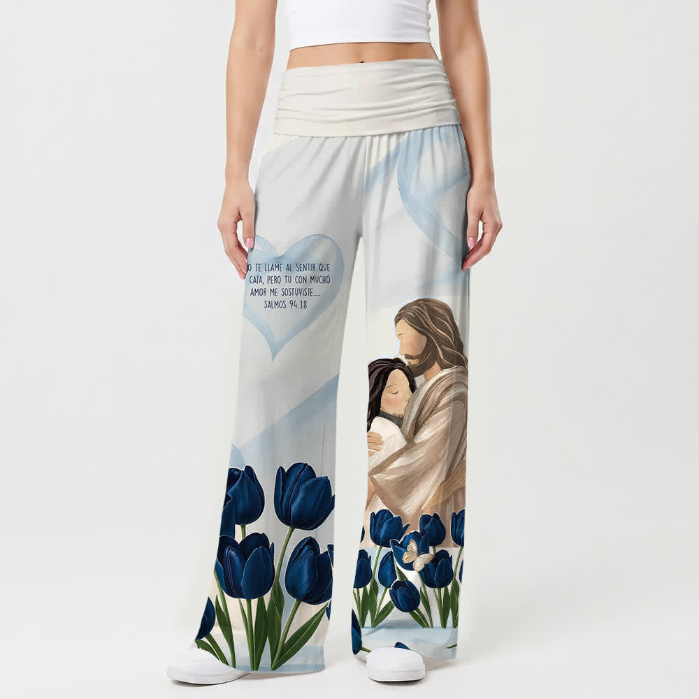 Christianartworkshop „Embrace Jesus Blue Tulip Spanish Scripture Floral Art Casual Faith“ Damen-Hose mit weitem Bein - image 1