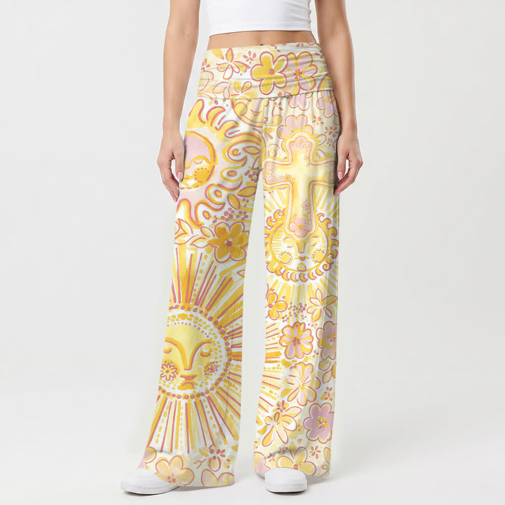 Christianartworkshop Boho-Hose mit weitem Bein und Sonnen-, Mond- und Kreuzmuster, verziert mit floralen Motiven, lässigem Faith-Motiv. - image 1