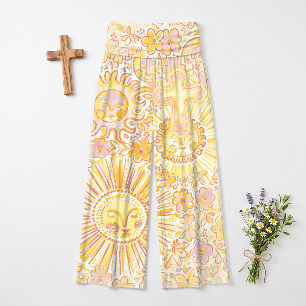 Christianartworkshop Boho-Hose mit weitem Bein und Sonnen-, Mond- und Kreuzmuster, verziert mit floralen Motiven, lässigem Faith-Motiv. - US22, UK/AU26, EU54 (6XL) - image 0